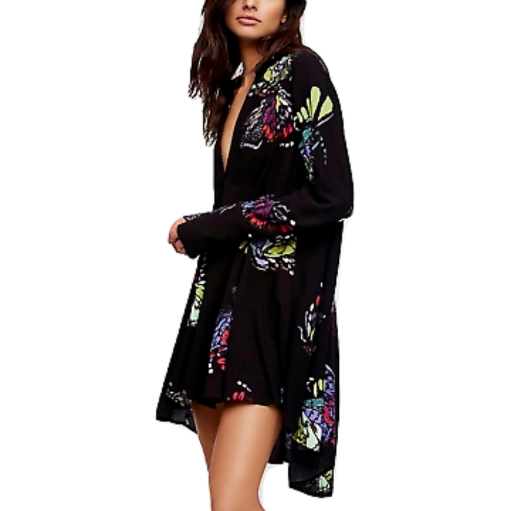 Free People Field of Butterflies Printed Hi-low Tunic in Black Combo Size SP